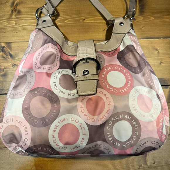 Coach Soho Hobo Snaphead 18440 Pink Logo Print Nylon Leather Shoulder Bag Y2K - Picture 2 of 7